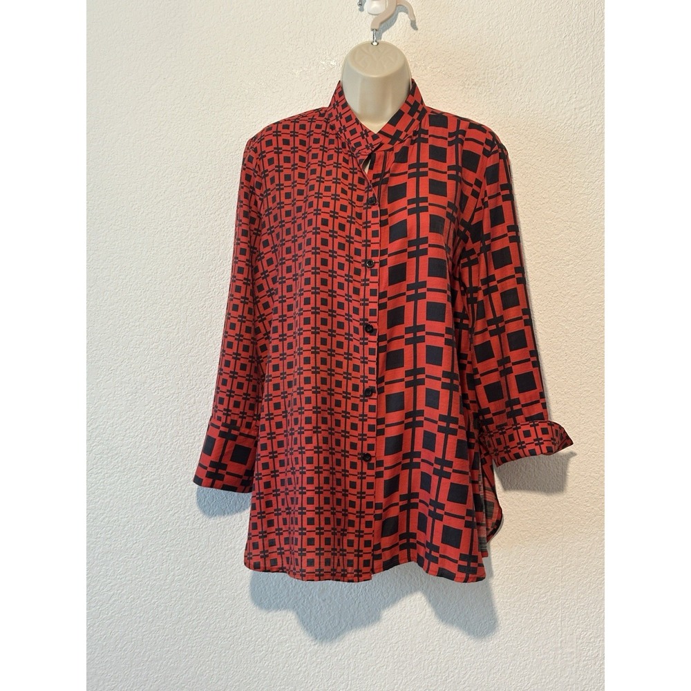 New Tru Luxe Jeans Tunic Top Shirt Medium Red Black Geo Print 3/4 Career Casual
